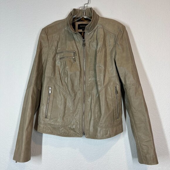 Laundry Leather Moto Jacket Leopard Lining Taupe Medium - Picture 3 of 11